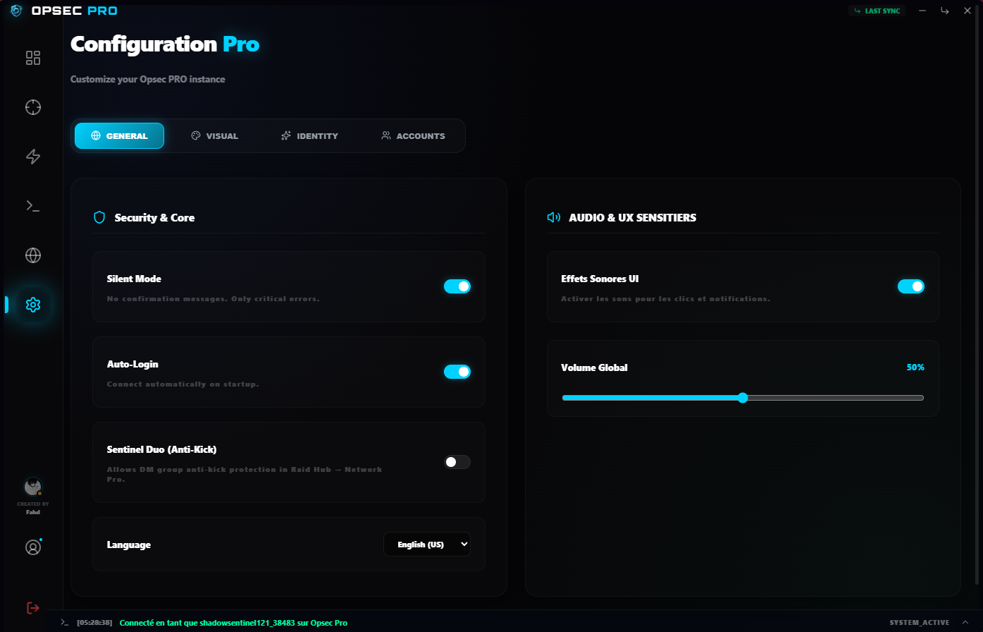 Interface Sécurité & Paramètres d'Opsec PRO